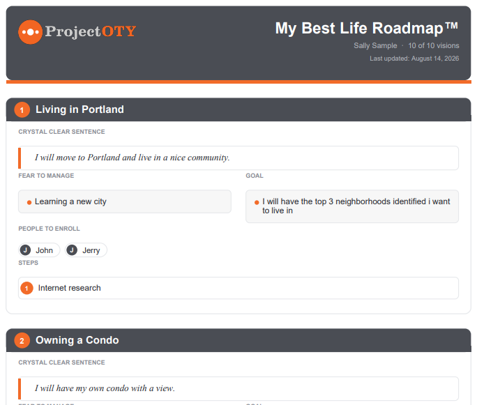 Example Best Life Roadmap report showing a participant's vision, goals, fears to manage, people to enroll and next steps