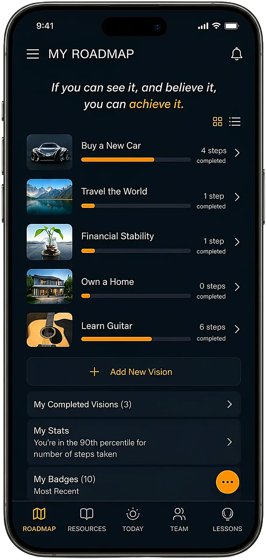 My Roadmap screen from the Project OTY experience showing personal visions with progress, shown on an iPhone