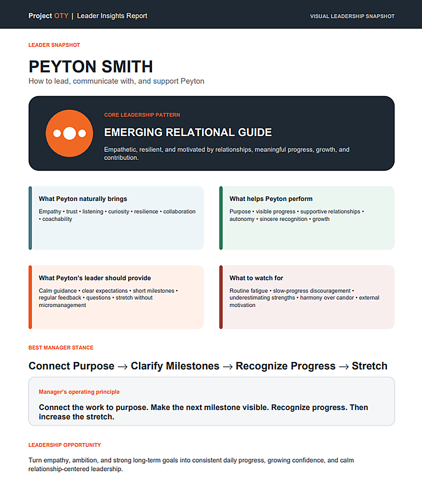 Example Leader Insights Report showing a leader snapshot, core leadership pattern, what the participant naturally brings, what helps them perform, what to watch for and how to better support them