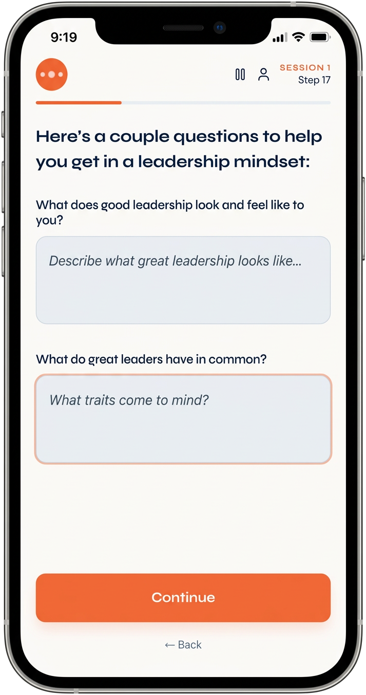Example session screen from the Project OTY learning experience with reflection questions, shown on an iPhone