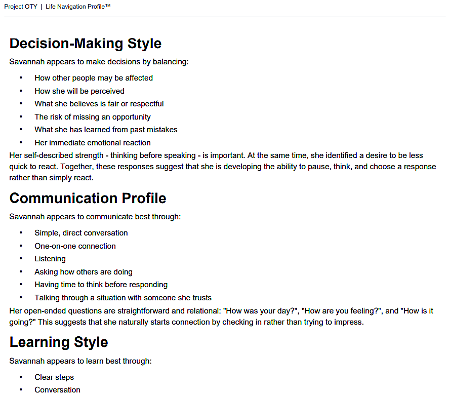 Example Life Navigation Profile report showing a participant's decision-making style, communication profile and learning style